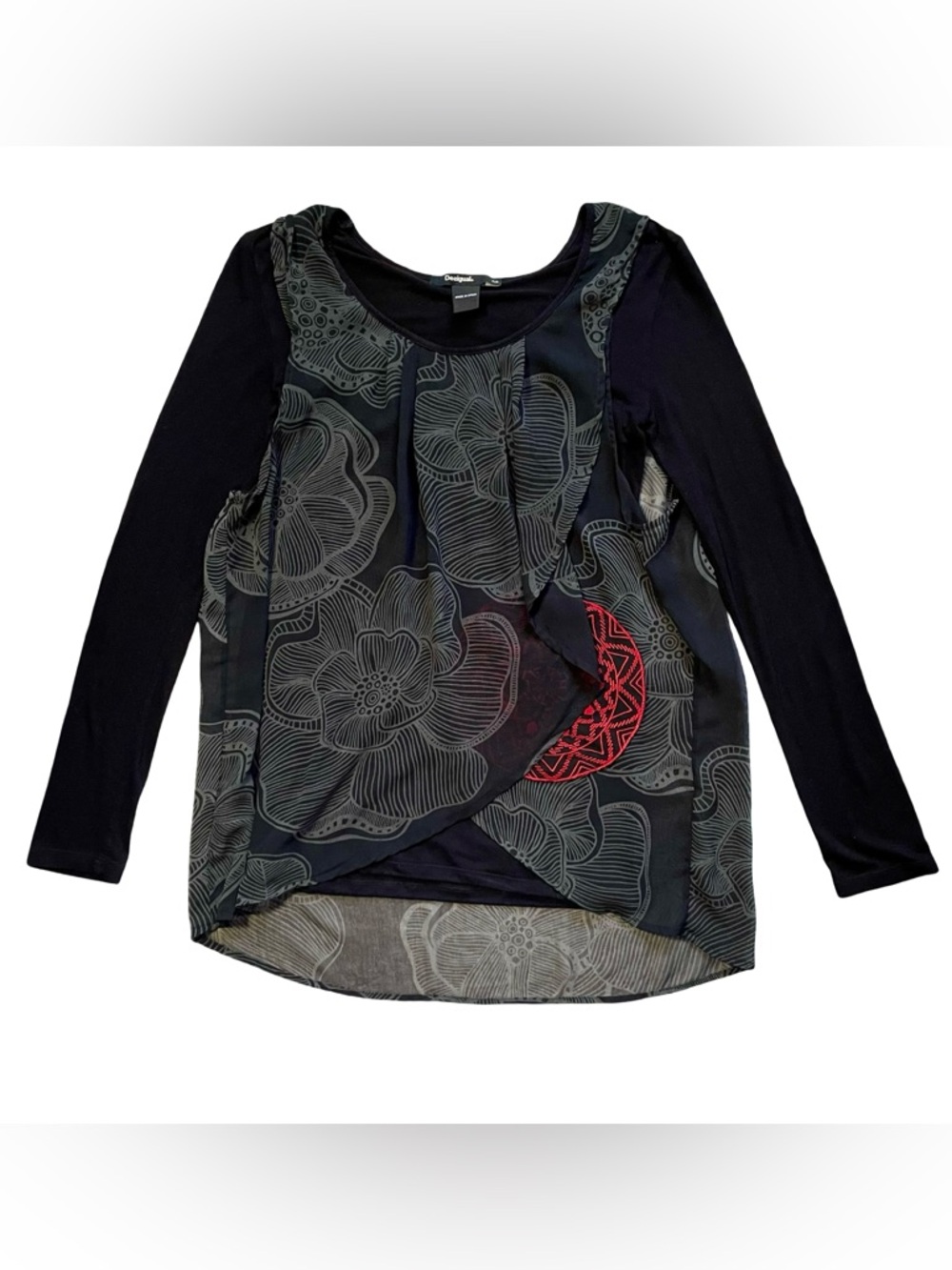 Desigual Black Long Sleeve Floral Mixed Media Overlay Top Size XS